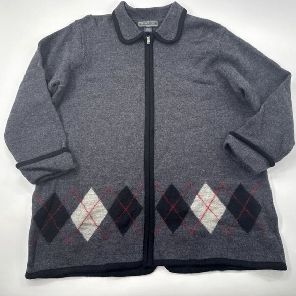 Herman Geist Cardigan 100% Wool Sweater Womens Plus 22W Argyle Gray Zip Collared - Picture 8 of 11